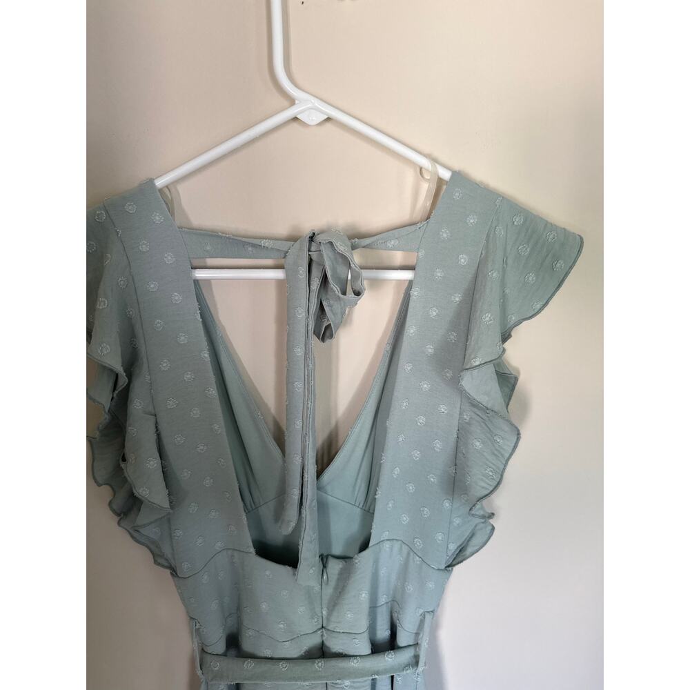 Altar’d State | Sage Green Polka Dot Textured V-Neck Maxi Dress Ruffle Shoulders - Picture 8 of 11
